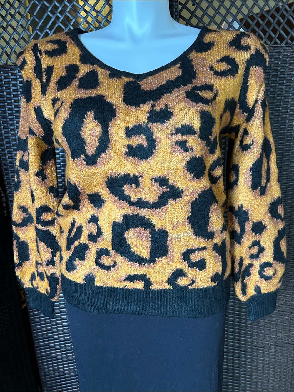 Miracle Orange & Black Leopard-Print V-Neck Sweater NWT